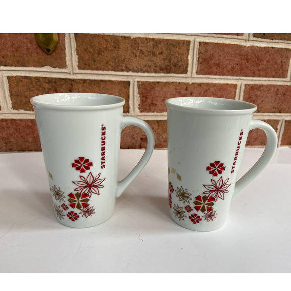 Pair of Starbucks Coffee Mugs Red & White & Gold Christmas Holiday Flowers 12 oz